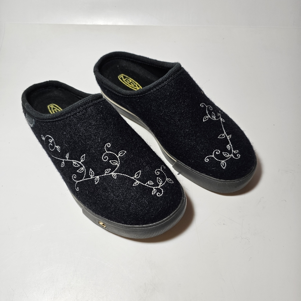 Keen Black Slip-On Slippers with White Embroidered Vines